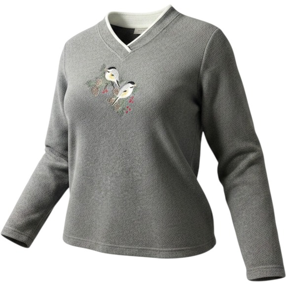 croft & barrow Tops - Croft & Barrow Vintage Gray Fleece Chickadee Embroidered Mock V-Neck Pullover 2X